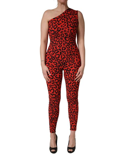 Leopard-Print Nylon Jumpsuit — Red