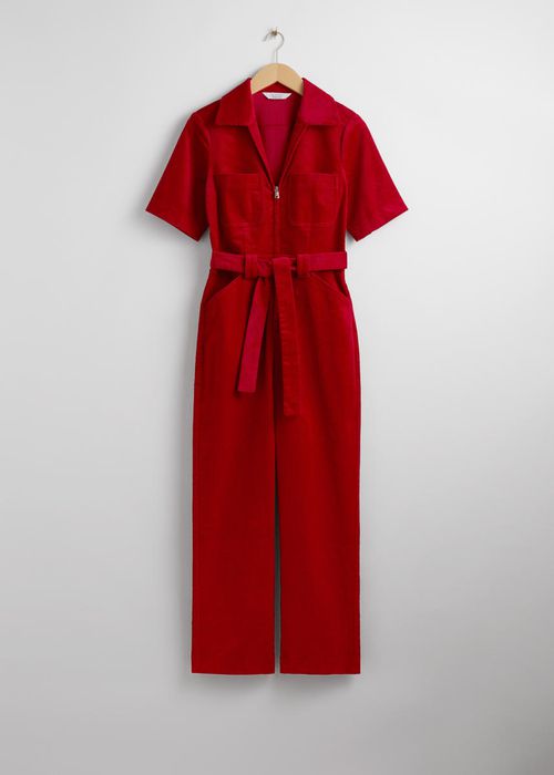 Belted Corduroy Jumpsuit - Red
