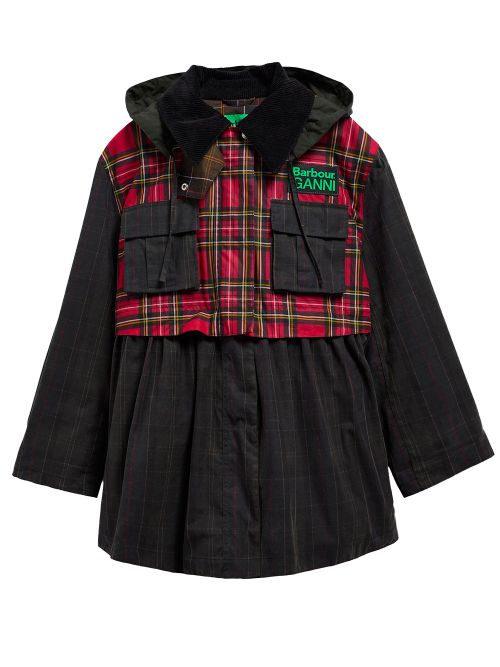 X Ganni: Waxed Jacket With Peplus And Tartan Details