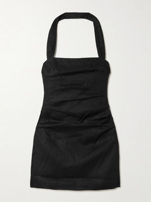 Noemi Ruched Linen Halterneck Mini Dress - Black