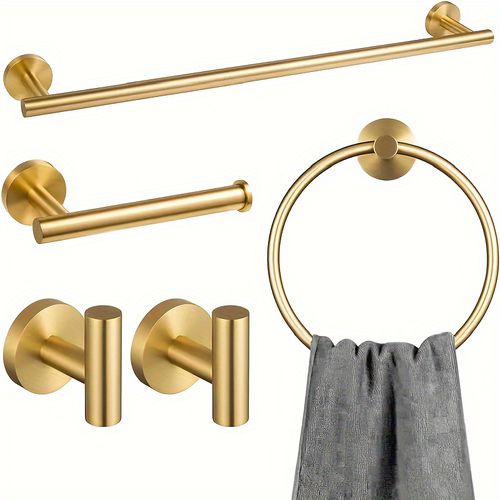 TEMU 5pcs Stainless Steel Towel Bar, Bath Towel Bar, Toilet Paper Holder, Towel Ring, Bathrobe Hook, Suitable For Hotel And Home Bathroom, Five-piece