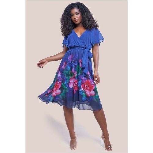 Goddiva Chiffon Floral Border Print Midi Dress - Navy