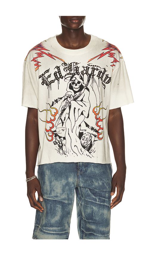 Ed Hardy By Appointment Only Reaper Cropped Boxy Tee in Cream. S. Also in M, L, XL/1X