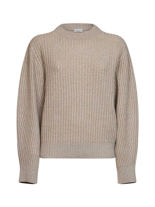 Ribbed Cashmere Crewneck Sweater — Beige