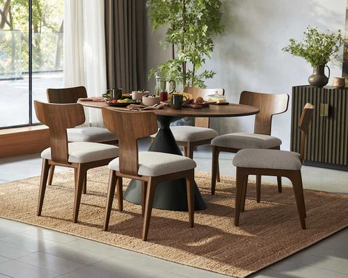"Forma Walnut Oval Dining Table, 59.1"", Durable, Sculptural Base, Multi Color"