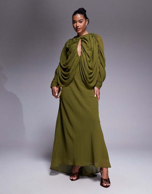 Keyhole draped kimono sleeves maxi dress in green