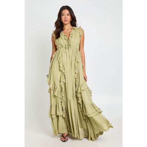 Boohoo Womens Chiffon Ruffle Detail Floaty Maxi Dress - Green