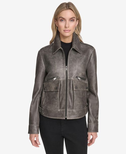 Women's Addis Aviator Leather Jacket - Black