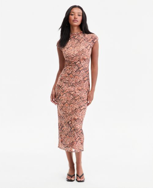 Women's Mock Neck Short-Sleeve Print Bodycon Midi Dress, Macy's Exclusive - Caramel Snake