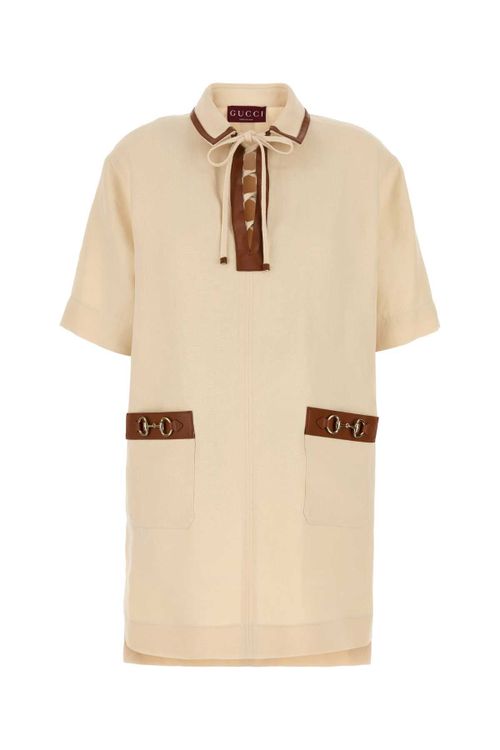 Linen with Horsebit and Leather Trim Mini Dress — Cream