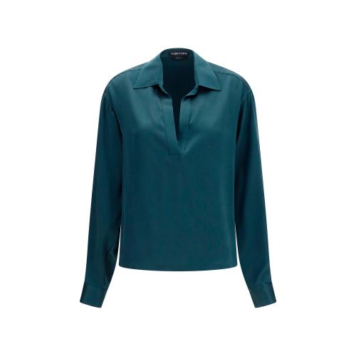 Deep V-Neck Silk Shirt — Blue