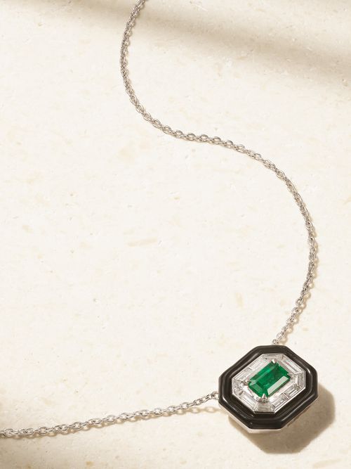 Oui 18-karat White Gold, Emerald, Diamond And Enamel Necklace - One size