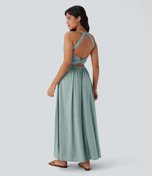 Twisted Backless Split Flowy Maxi Resort Dress with Pockets Casual Dress - Misty Pale Blue