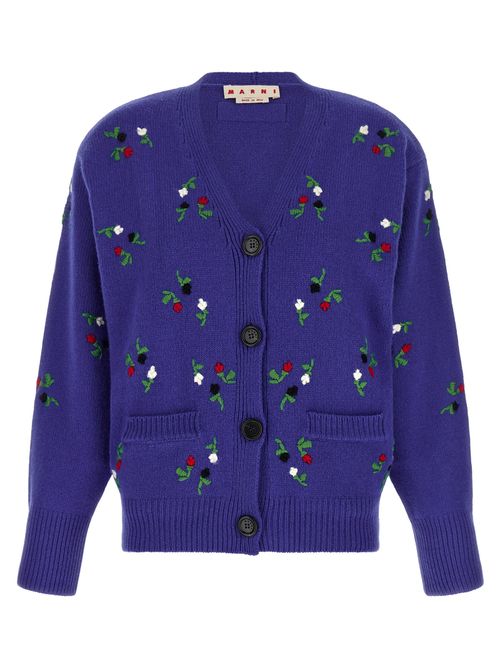 Floral-Embroidered Virgin Wool Cardigan — Blue