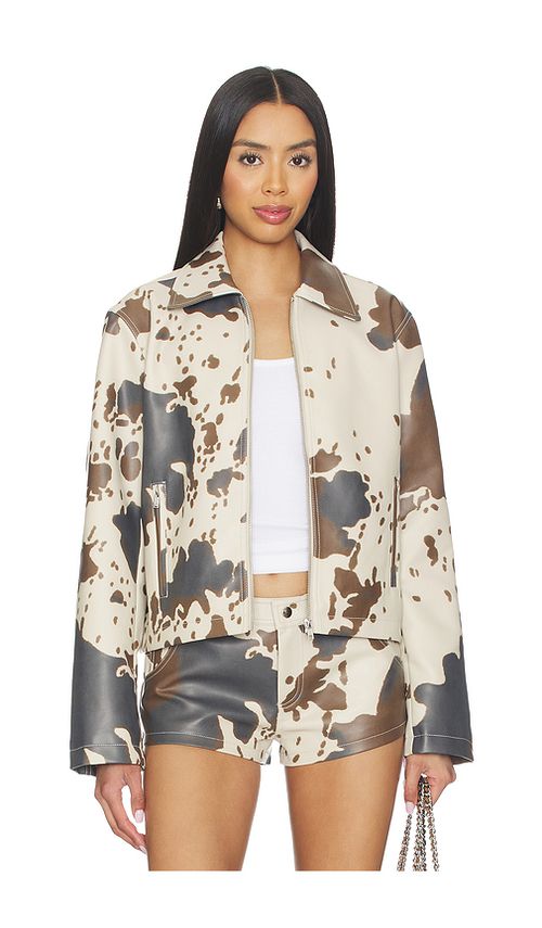 Superdown Clara Cow Print Jacket in Cream,Brown. L. Also in XXS, XS