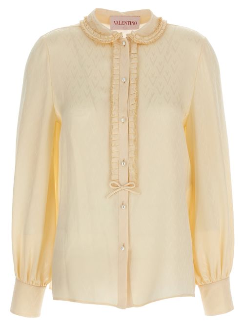 Ruffled Silk with All-over Jacquard Blouse — Beige