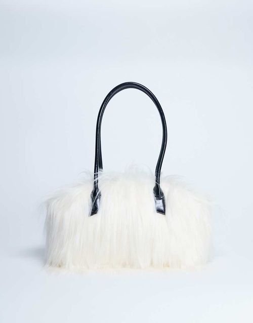 Shaggy faux fur shoulder bag in off white