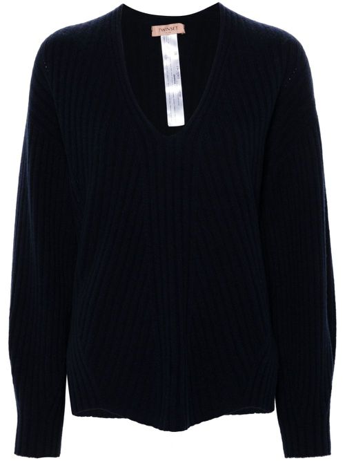 V-neck ribbed-knit jumper - Blue