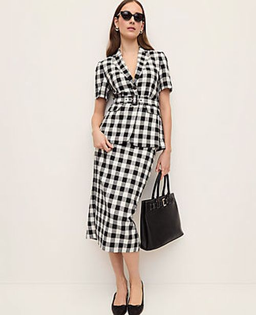 Ann Taylor The Petite Button Midi Skirt in Gingham Linen Blend