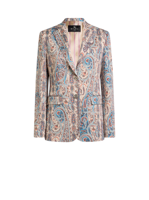 Single-breasted Cotton-blend Jacquard Jacket With Paisley Foliage Motif