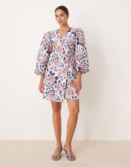 Wrap front structured mini dress in statement floral print-Multi