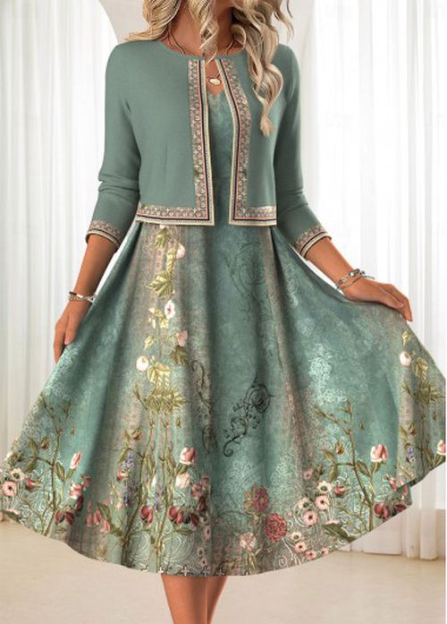 Modlily Sage Green Two Piece Floral Print Dress and Cardigan