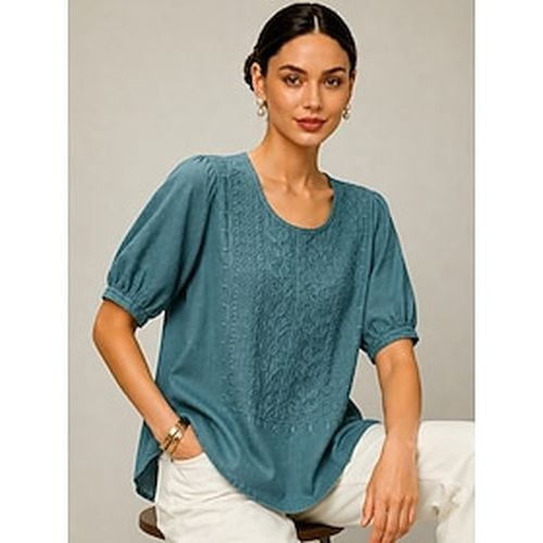 Women's Shirt Eyelet Top 100% Cotton Lace Shirt Embroidered Floral Graphic Elegant Bohemia Vacation Long Tops Casual Daily Work Blue Summer Spring
