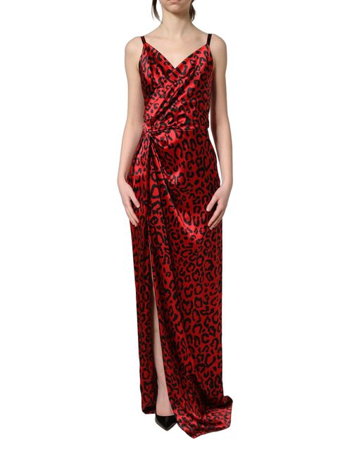 Leopard-Print Draped Silk Dress — Red