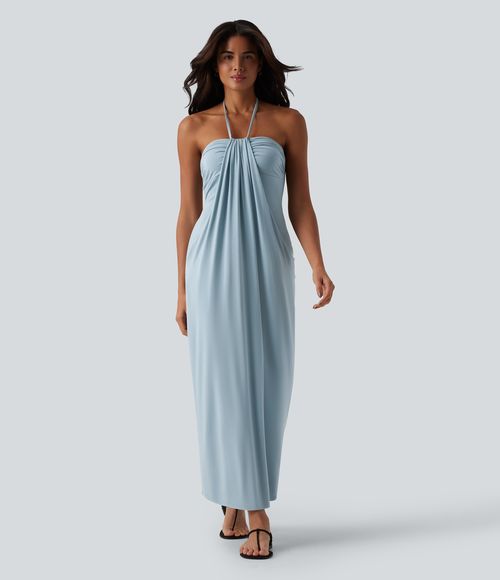 Halter Tie Back Maxi Dress with Pockets Casual Dress - Celestial Blue