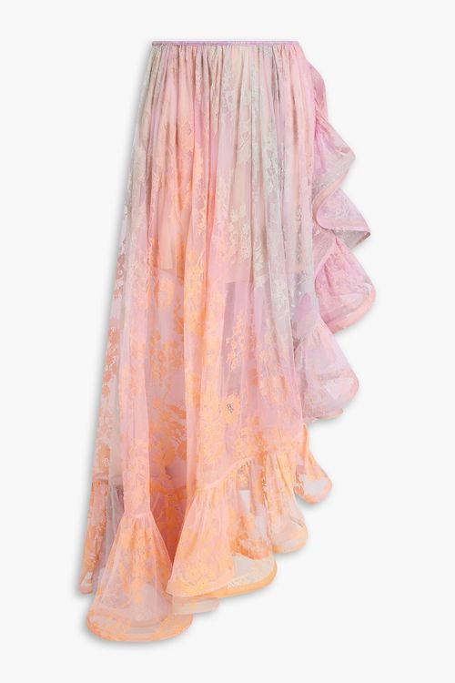 Asymmetric ruffled floral-print lace maxi skirt - Purple - 1