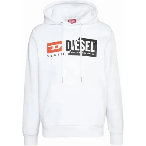 Men's Diesel Denim Division Split Logo White Hoodie - Size: 40/Regular