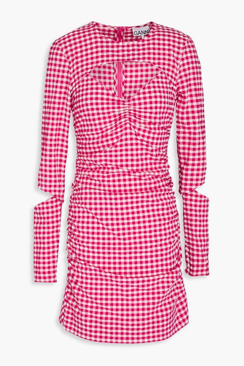 Cutout ruched gingham seersucker mini dress