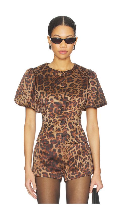 Bubish Poppy Bubble Sleeve Blouse Top in Brown. L. Also in M