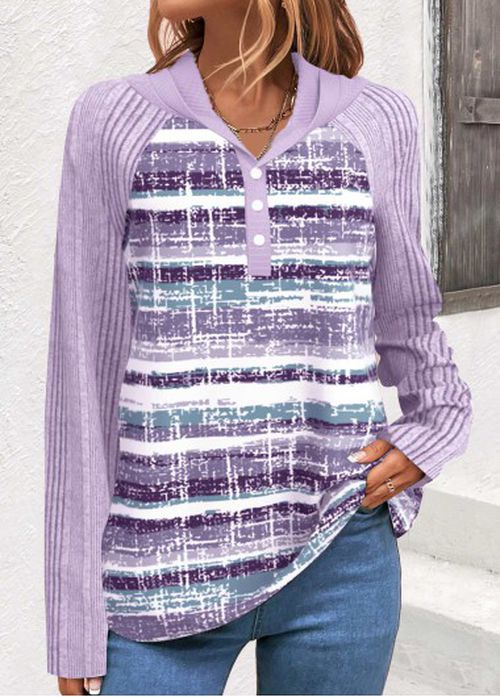 Modlily Light Purple Button Striped Long Sleeve Hooded Sweatshirt