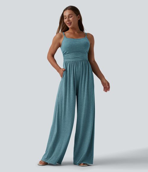 Adjustable Straps Ruched Wide Leg Heathered Casual Jumpsuit with Pockets-Easy Peezy  - Stone Green Floral Yarn