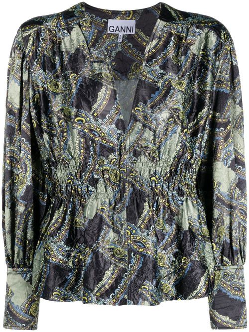 V-neck long-sleeve blouse - Black