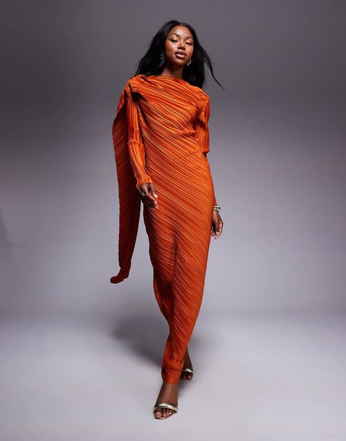 Plisse long sleeve drape detail maxi dress in burnt orange