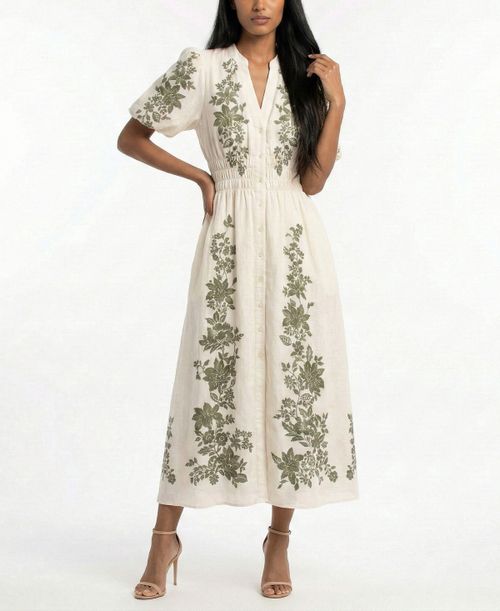 Petite V-Neck Shirt Dress - Cream Asparagus