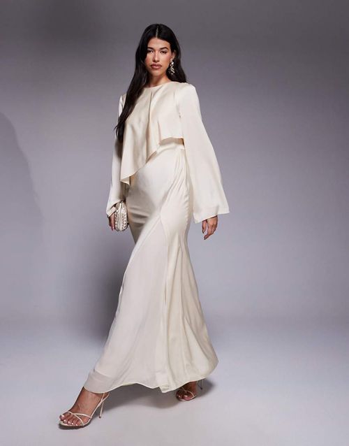 ASOS DESIGN | satin long sleeve cape detail maxi dress in oyster-White |  Realry