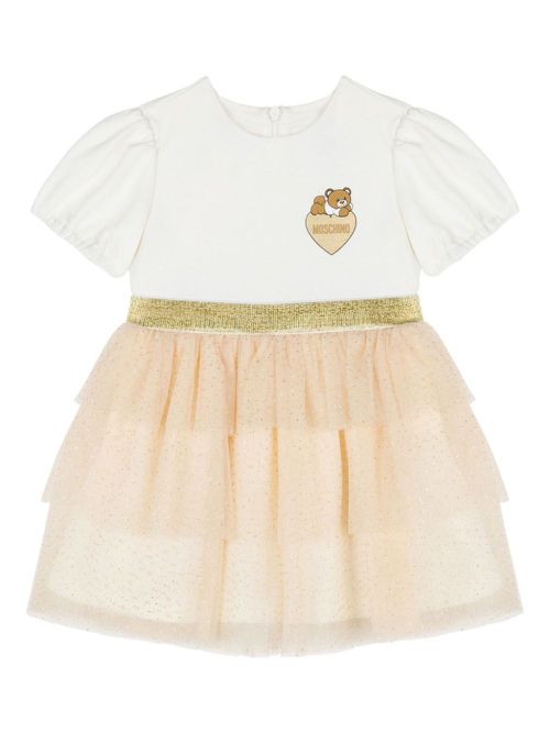 Teddy Bear-print ruffle dress - White