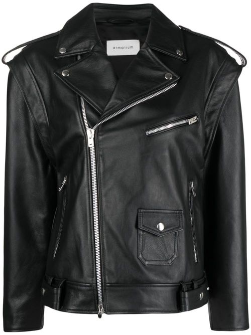 Off-centre zip leather jacket - Black