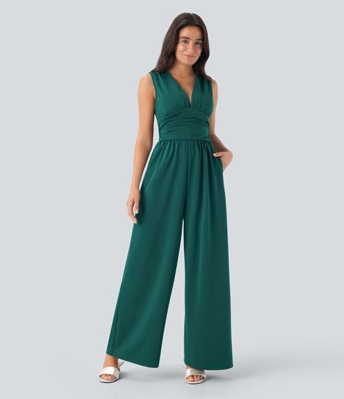 V Neck Sleeveless Ruched Pocket Jumpsuit-Easy Peezy  - Bayberry