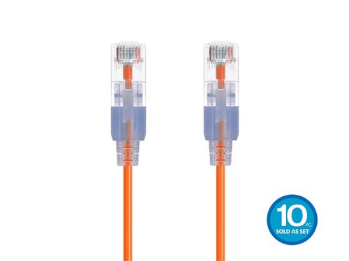 Cat6A 1ft Orange 10-Pk Patch Cable, UTP, 30AWG, 10G, Pure Bare Copper, Snagless RJ45, SlimRun Series Ethernet Cable
