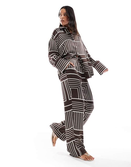 Satin wide leg trousers co-ord in brown tile print