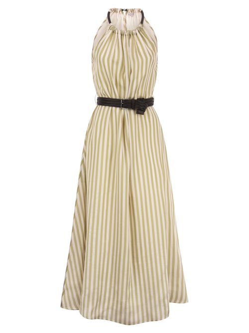 Viscose And Silk Striped Twill Dress With Precious Shoulder Detail