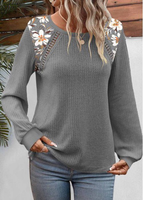 Modlily Dark Grey Patchwork Floral Print Long Sleeve Sweatshirt