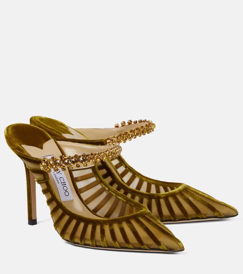 Jimmy Choo Bing 100 embellished velvet and mesh mules