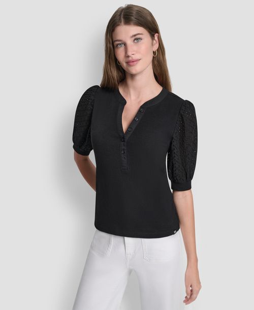 Petite Rib Body Eyelet V-Neck Top - Clover Black