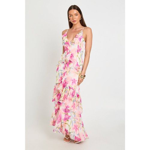 Boohoo Women's Chiffon Ruffle Detail Floral Maxi Dress in Pink