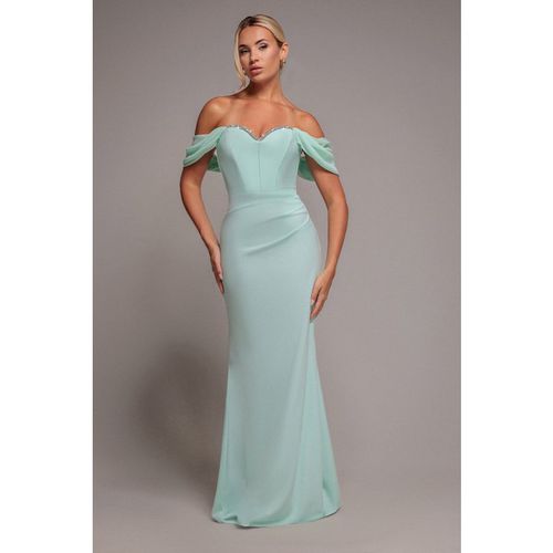 Goddiva Off The Shoulder Draped Sleeve Maxi Dress With Diamante Neckline - Mint Green